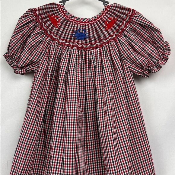 Rosalina Collections Red and blue smocked crab embroidered bishop dress size 3T - Picture 2 of 13